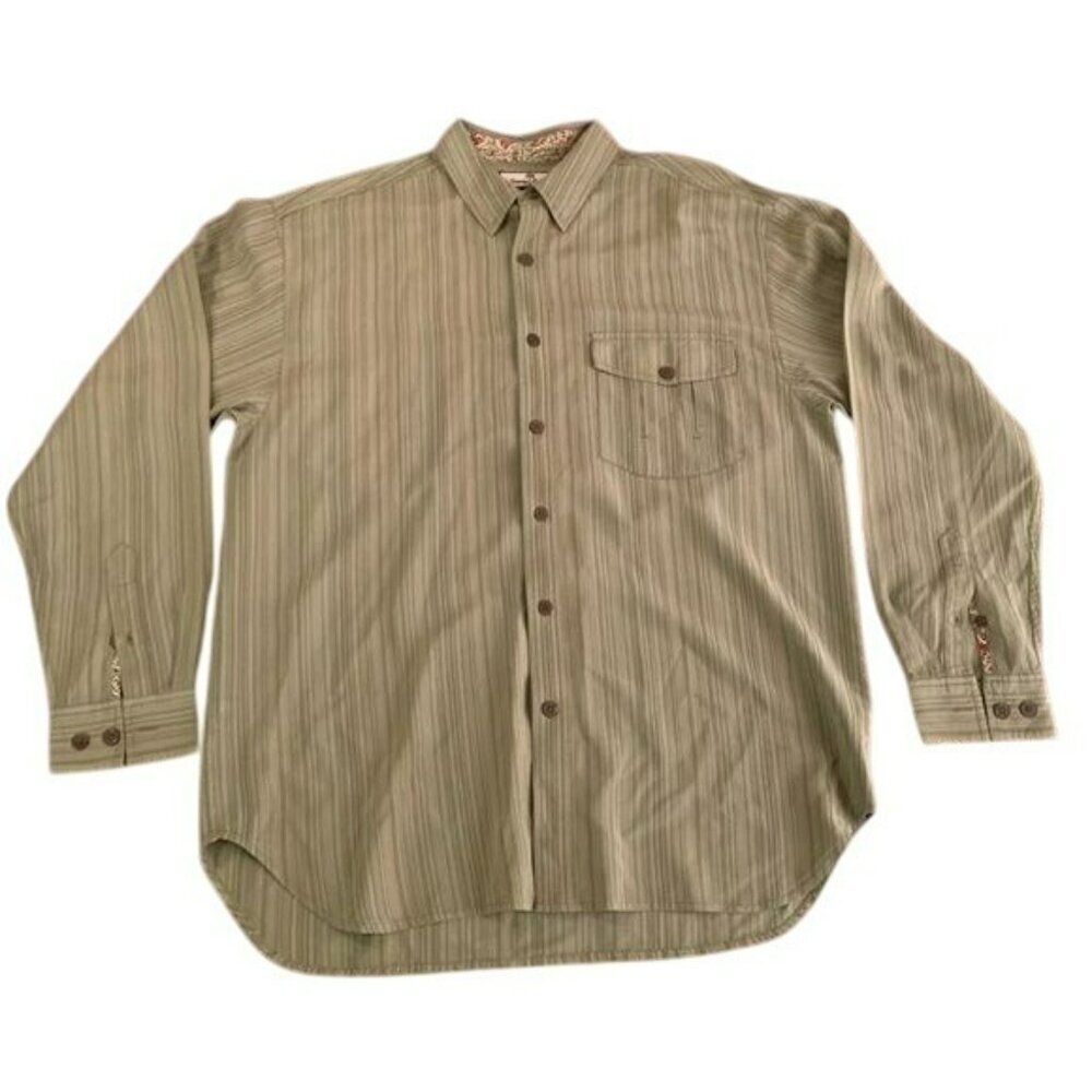 Tommy Bahama mens green striped silk long sleeve button down with floral details